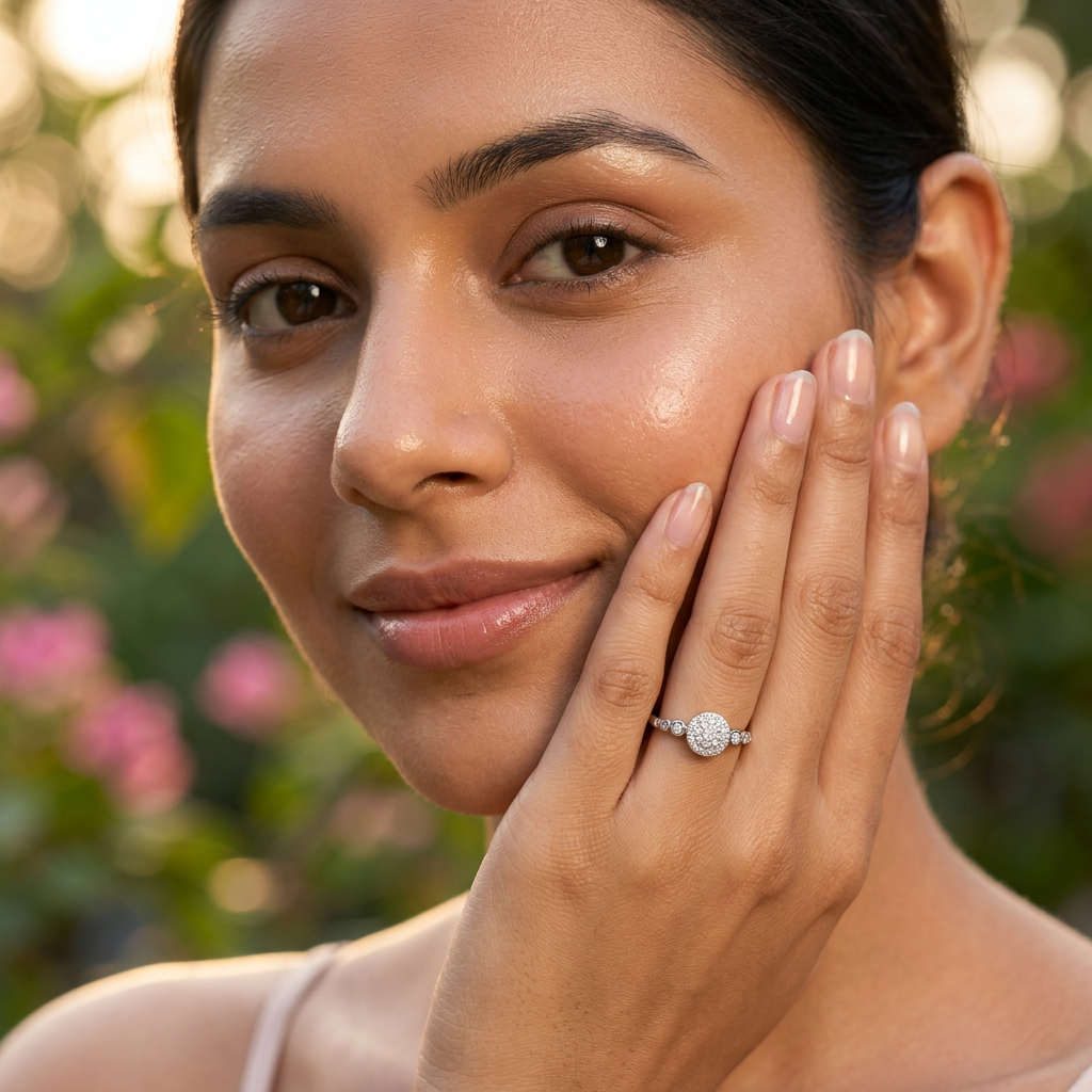 Close-up of a model wearing a sculptural silver round ring with a rhythmic cluster design for a modern statement look.