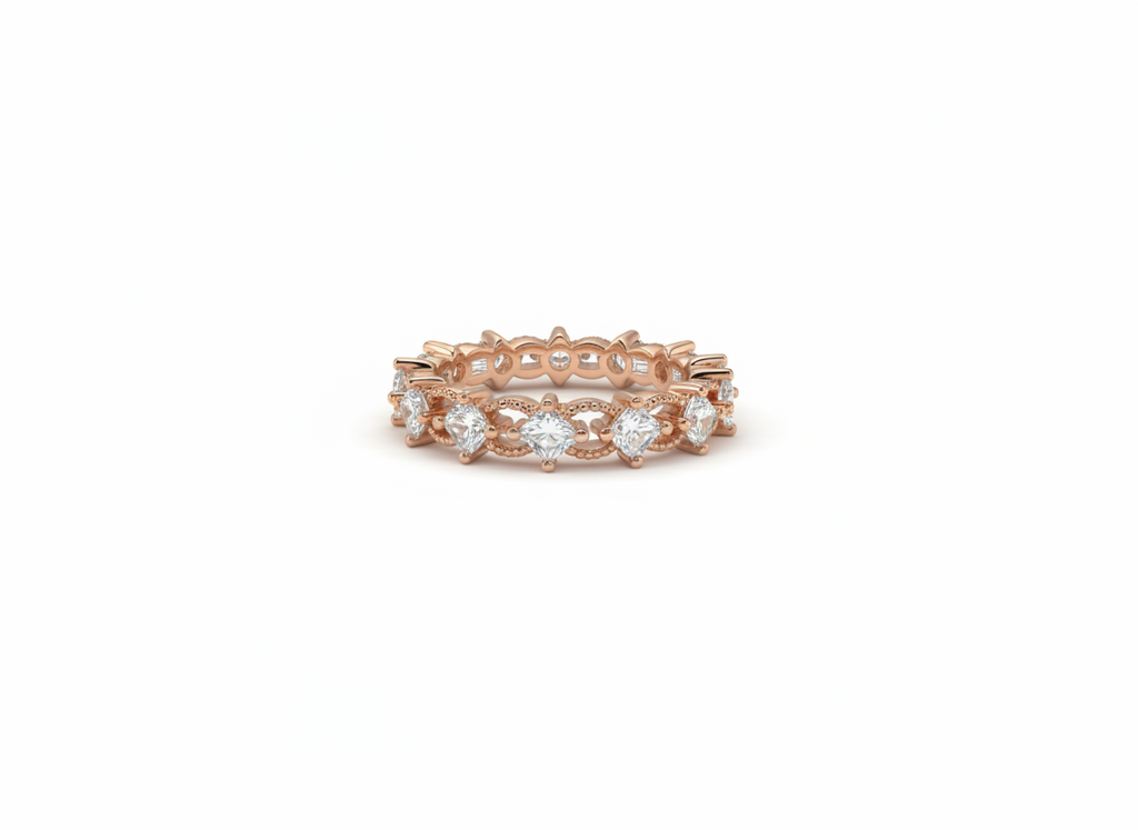 An elegant rose gold eternity band with art deco influences, presented as a luxury anniversary gift idea.