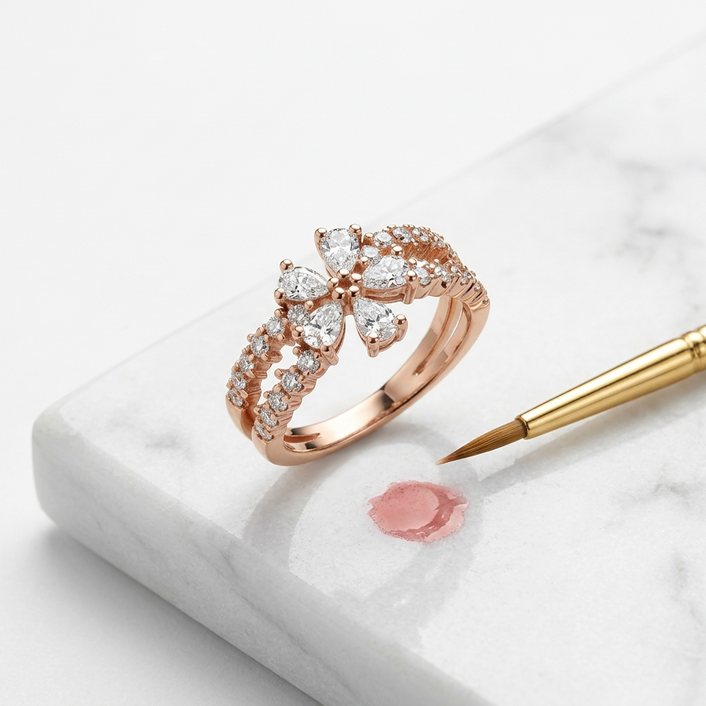 Front studio view of a rose gold floral ring featuring a sculptural blooming petal design with fine crystal accents.