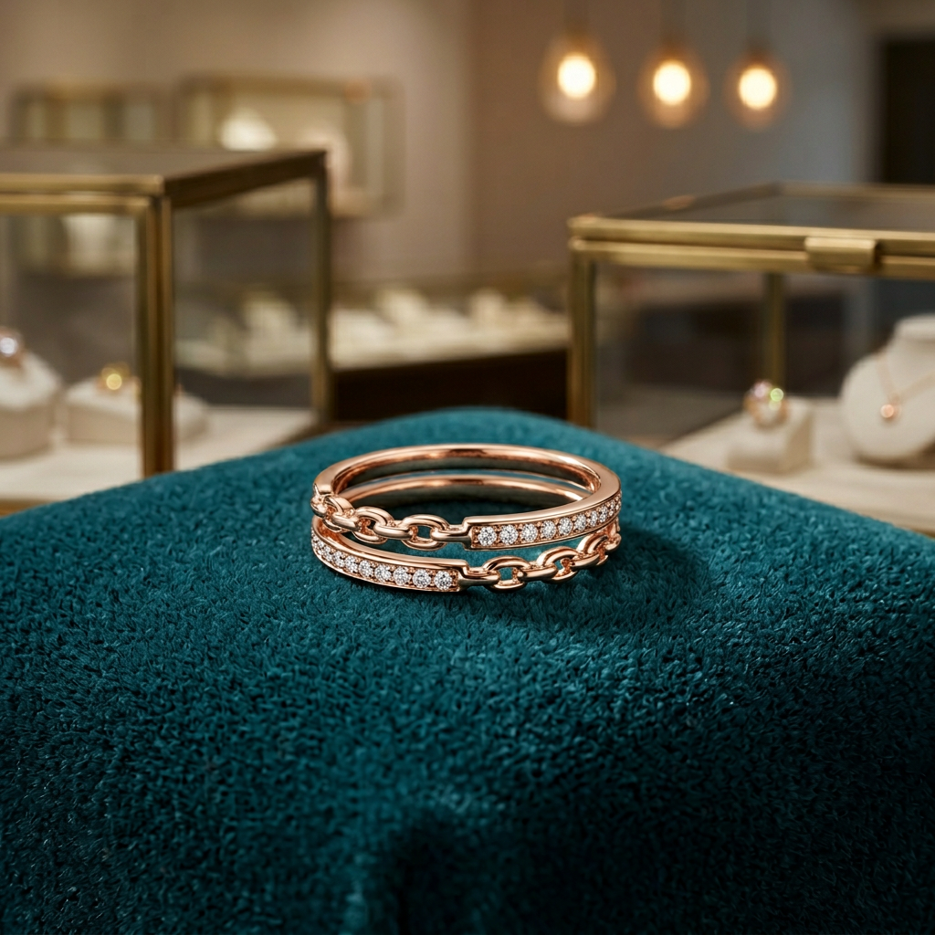 A heavy-gauge yellow gold chain link ring with a polished texture and contemporary structural look.