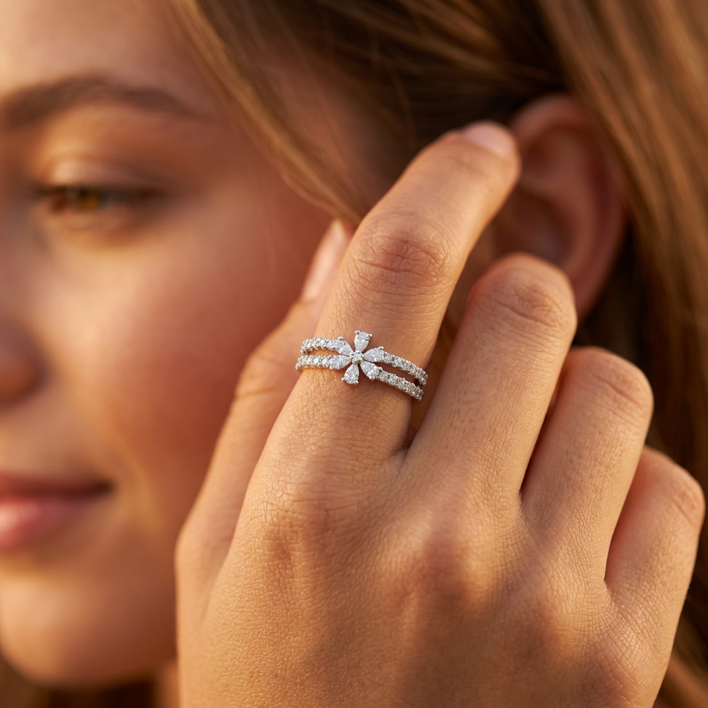 Editorial shot of a model accessorizing with a sparkling gold celestial starburst flower ring on her hand.