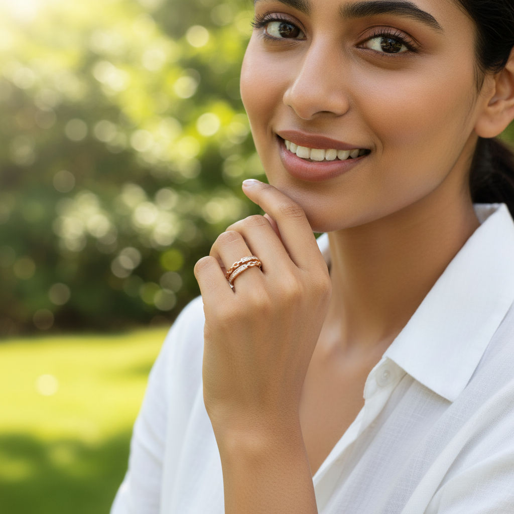 A chunky yellow gold chain link band layered with slim diamond eternity bands for a modern stacked look.