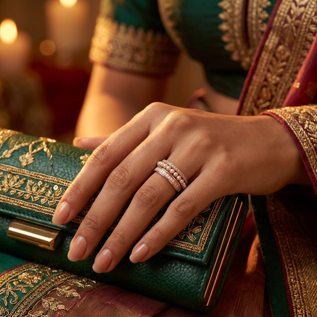 A wide three-row diamond eternity ring paired alongside sleek, high-polish solid gold spacer bands.