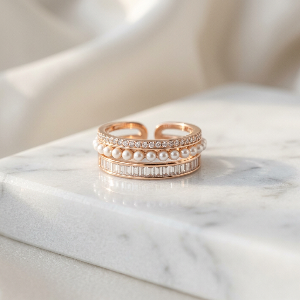 A wide rose gold ring encrusted with three parallel rows of brilliant cut sparkling pavé stones.