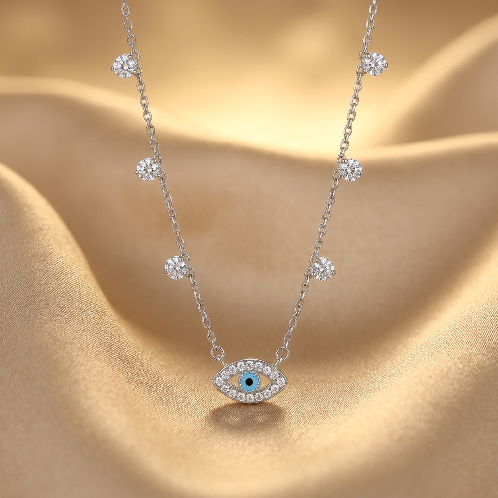 A detailed macro view of an evil eye necklace featuring a vibrant blue cerulean iris surrounded by brilliant pavé stones.