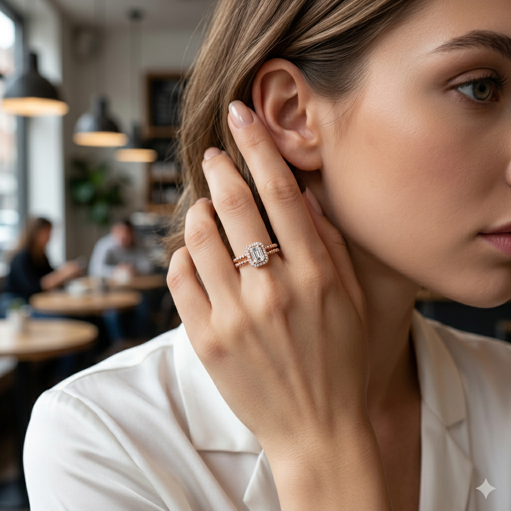 Macro view highlighting the sharp geometry of a emerald cut lab grown diamond center stone framed by a pavé halo.