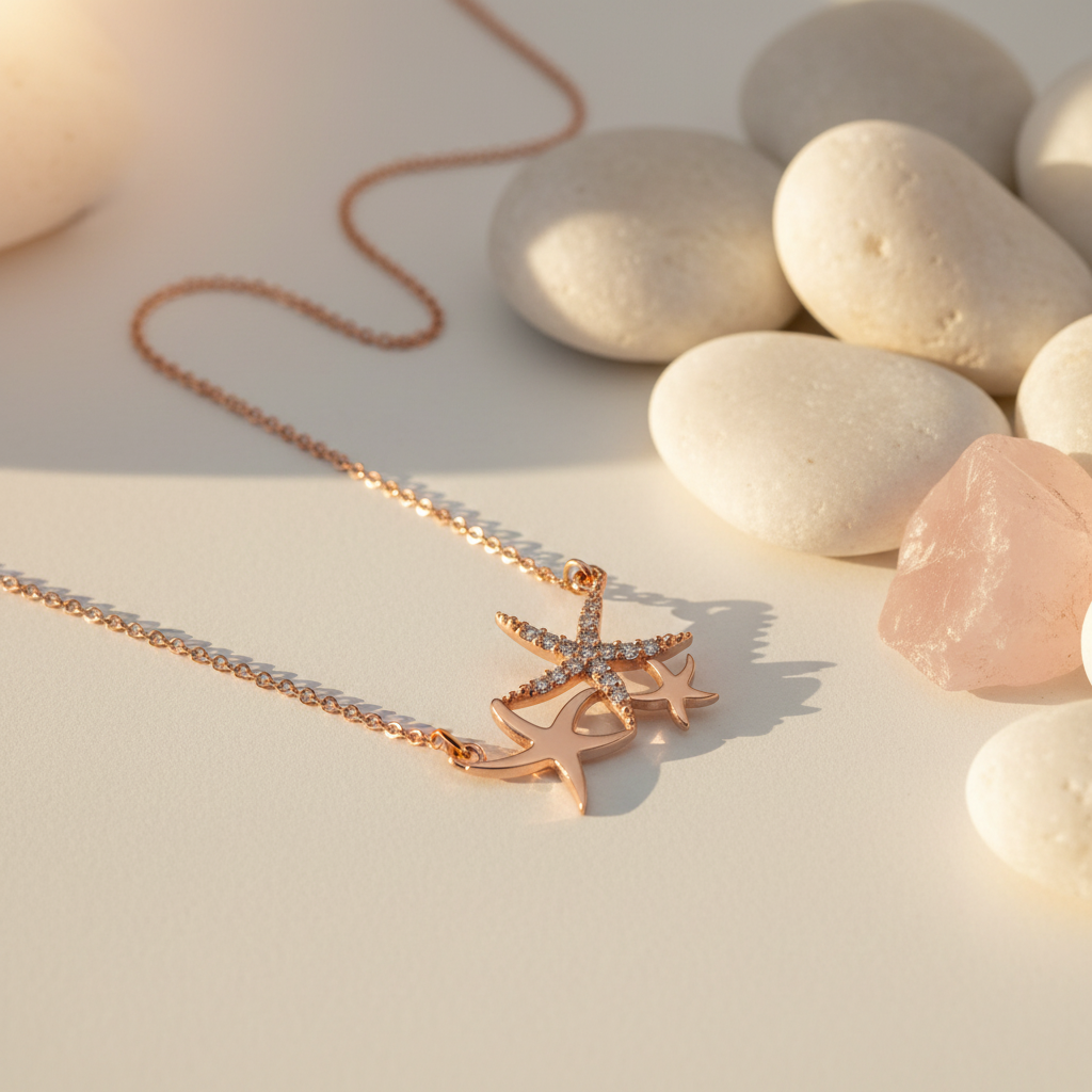 A macro detail shot of a coastal starfish necklace accented by luminous pearls and pavé-set round stones.