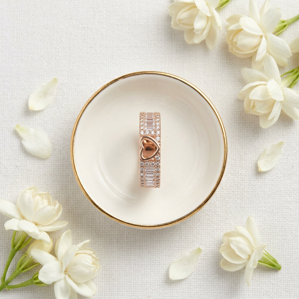 Macro photo focusing on the precise crisp baguette stones and shimmering pavé borders framing a rose gold heart.