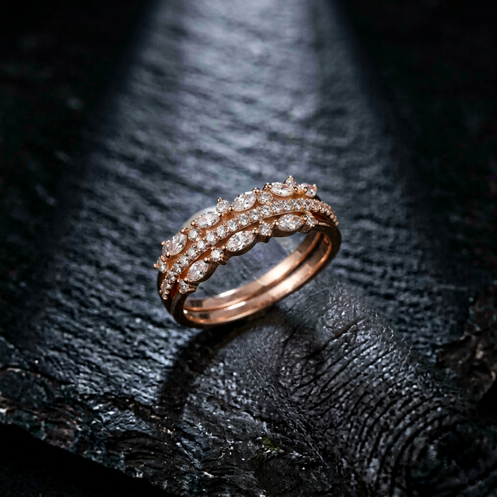 Macro view of a tiered rose gold band showing alternating marquise and round stones set in a precise crown pattern.