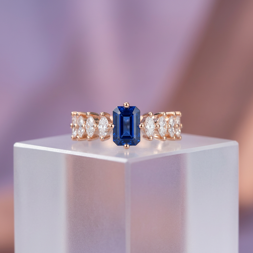 Detailed view of an indigo emerald cut gem held in polished rose gold with structural marquise diamond wings.