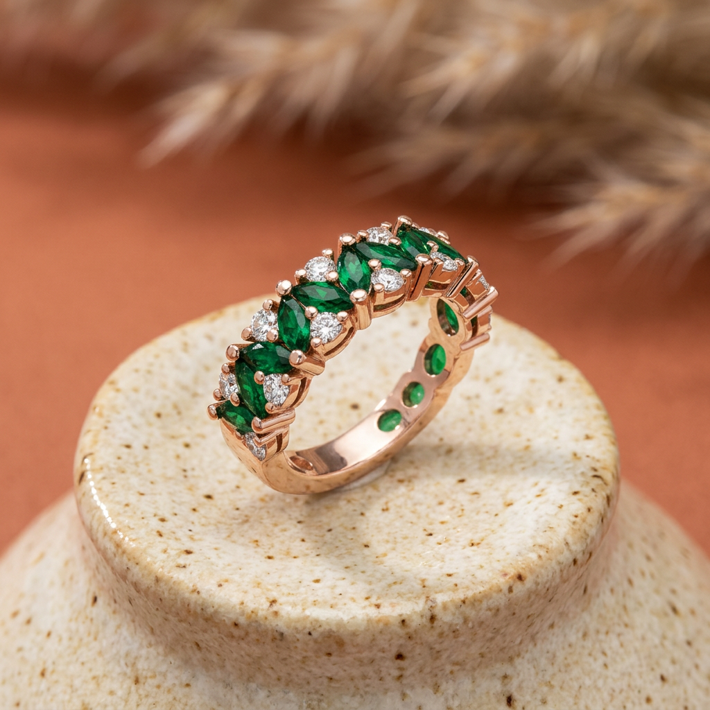 Macro photo showcasing high polish rose gold prongs holding marquise emeralds and round brilliant diamonds.