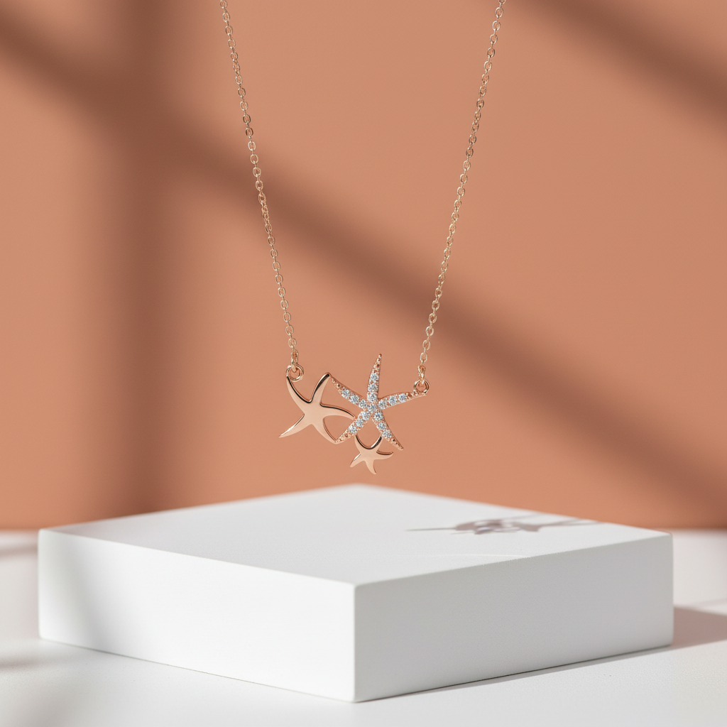 Asymmetrical coastal charm necklace with three sculptural starfish.