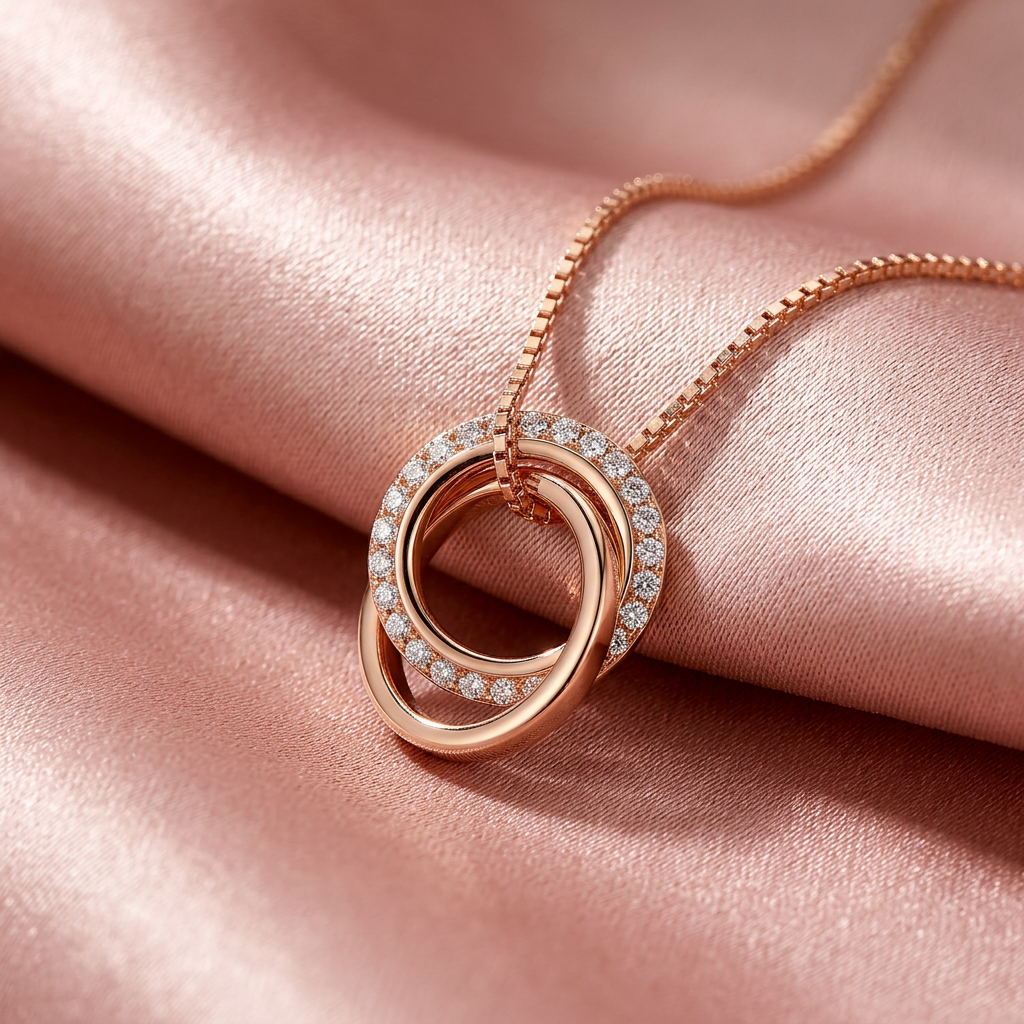 Studio display of a contemporary rose gold link necklace showcasing interlocking bands and an industrial silhouette.