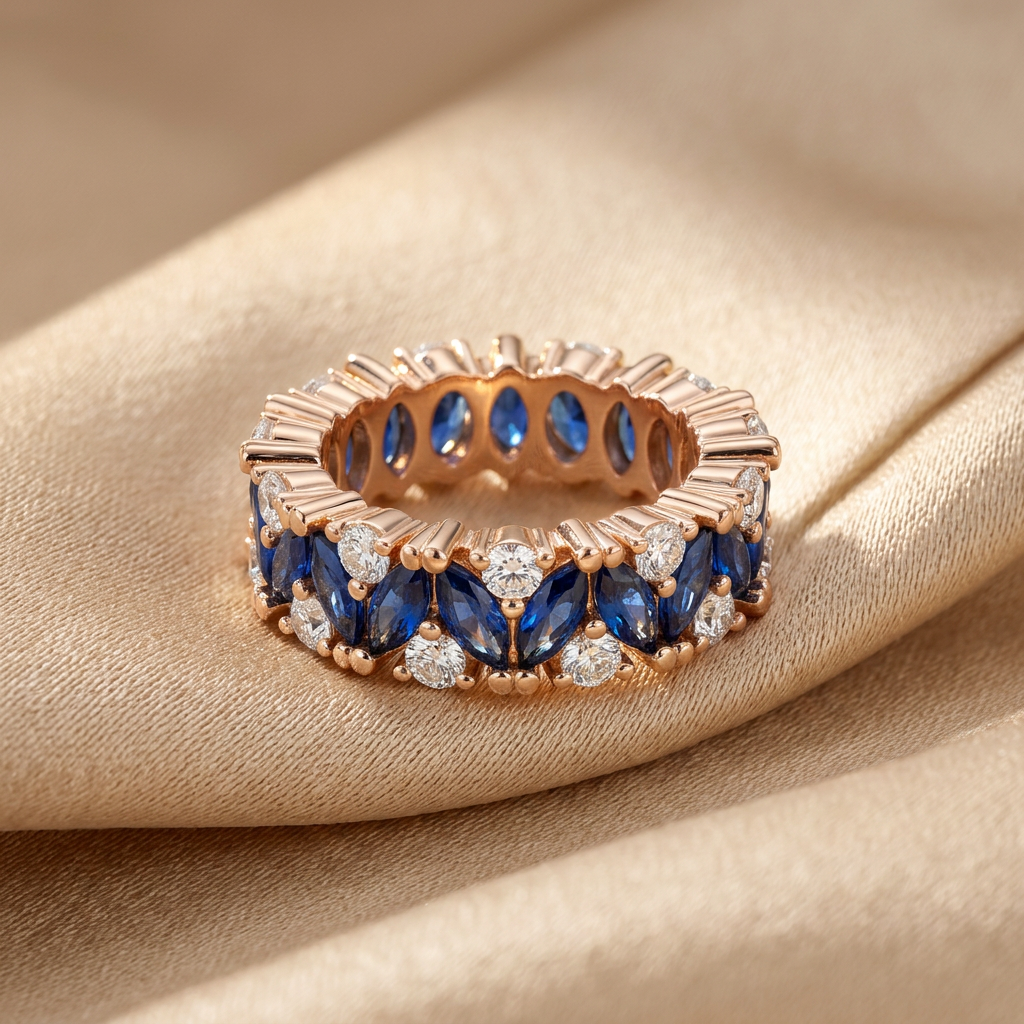 White gold variation of the eternity band balancing deep blue marquise stones and icy round accents.