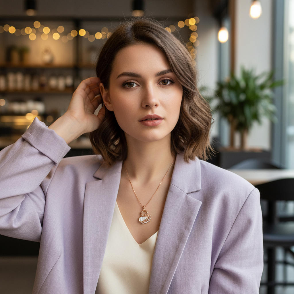 Modern necklace for women design showcasing a sleek, open-work rose gold swan shimmering with clear crystals.