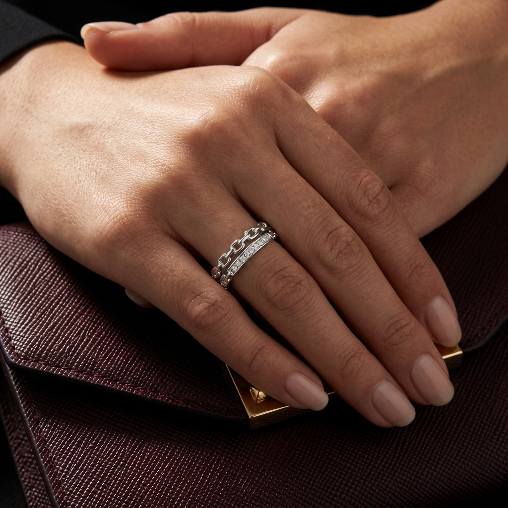 A luxury multi-band hand stack anchored by a weighted silver interlocking link ring paired with slim matching silver bands.