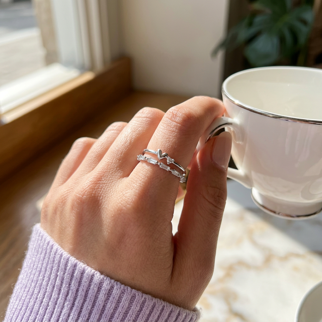 A modern luxury hand stack anchoring a multi-layered silver heart ring paired with slim silver companion bands.