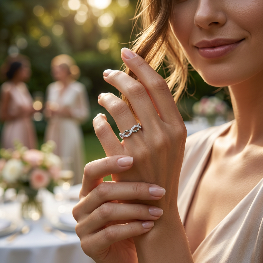 A luxury hand stack anchoring an interlaced silver diamond infinity ring with minimal companion bands.