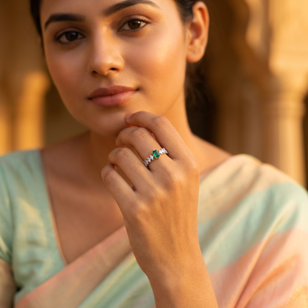 A luxury fine jewelry hand stack anchoring a forest green emerald ring paired with minimal silver bands.