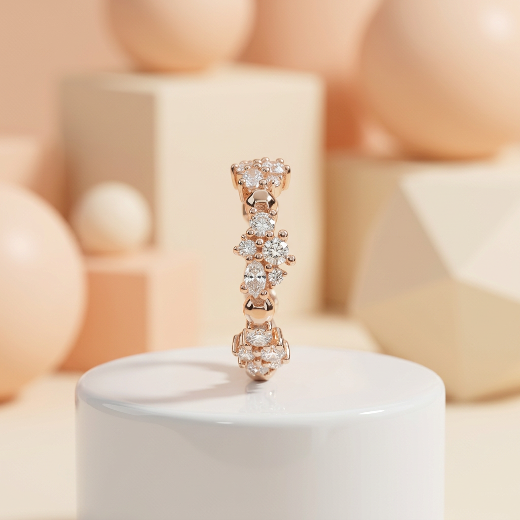 A premium fine jewelry hand stack anchoring a celestial rhythmic cluster ring with thin gold bands.