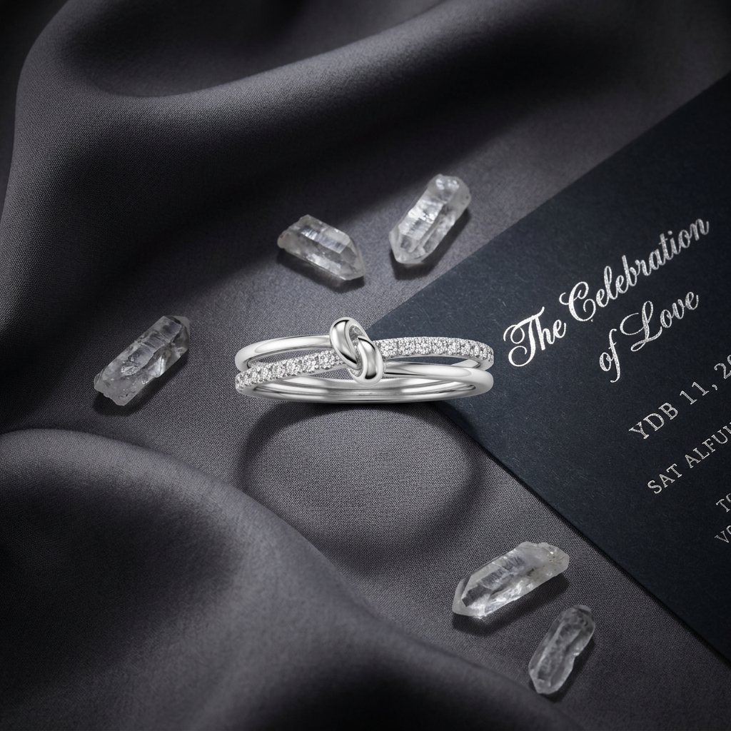 A luxury fine jewelry hand stack anchoring a structural silver multi band knot ring with minimal silver accent bands.