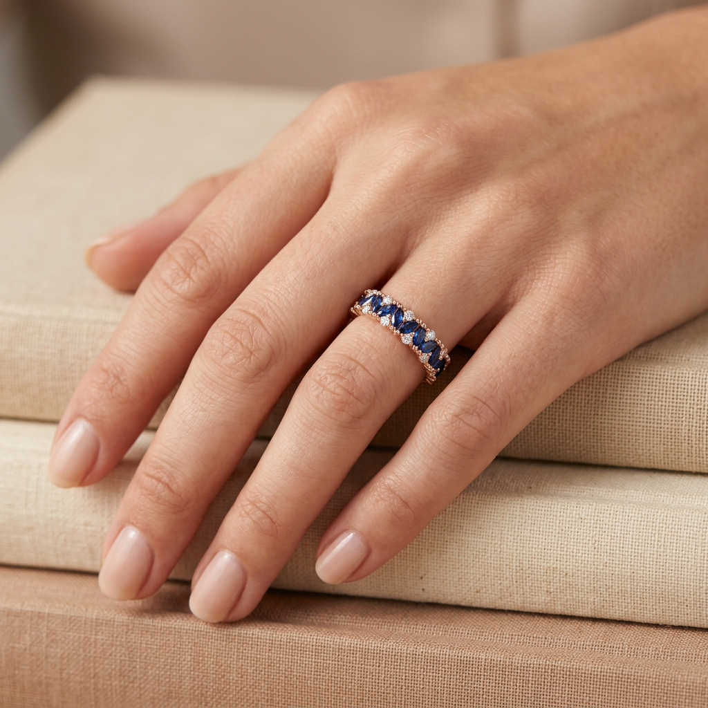 Real-world hand perspective illustrating the width and sparkle of a blue marquise eternity ring.