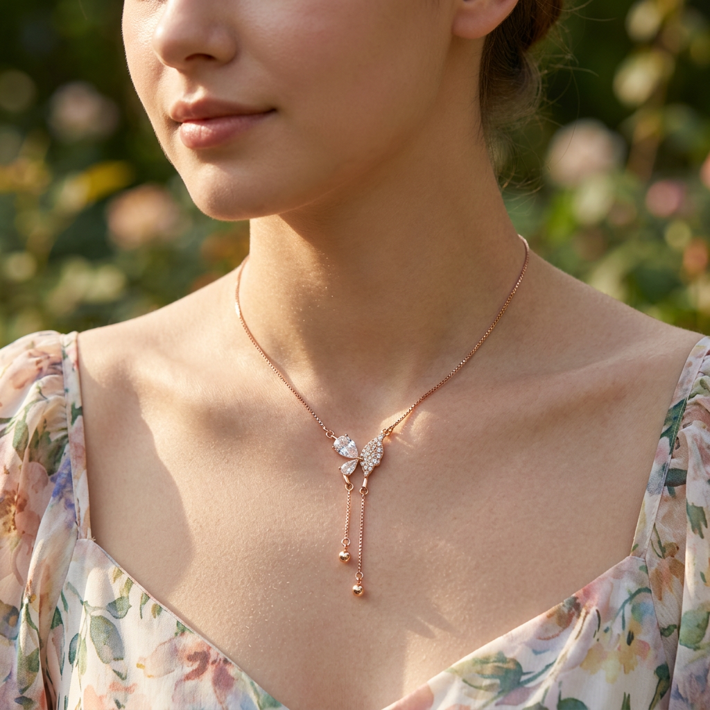 A close-up studio shot highlighting the detailed butterfly necklace design with pear-cut lab-grown diamonds, pavé wings, and dual linear drops.