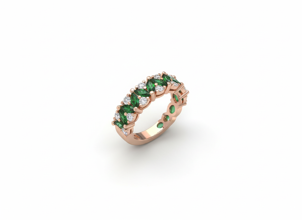 Rose gold digital variation of the eternity band balancing alternating green marquise emeralds and round crystals.