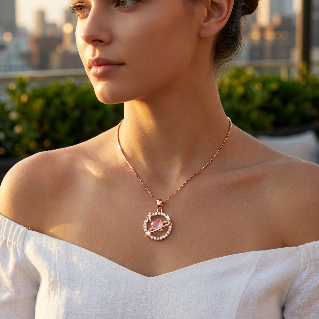 Model wearing a delicate rose gold heart pendant necklace featuring a high-polish frame and a central star accent.