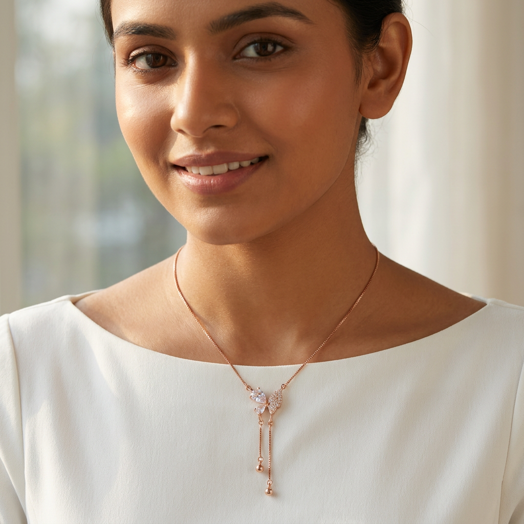 An elegant 16-inch rose gold-plated sterling silver butterfly necklace pendant featuring a delicate papillon charm accented by sparkling lab-grown diamonds.