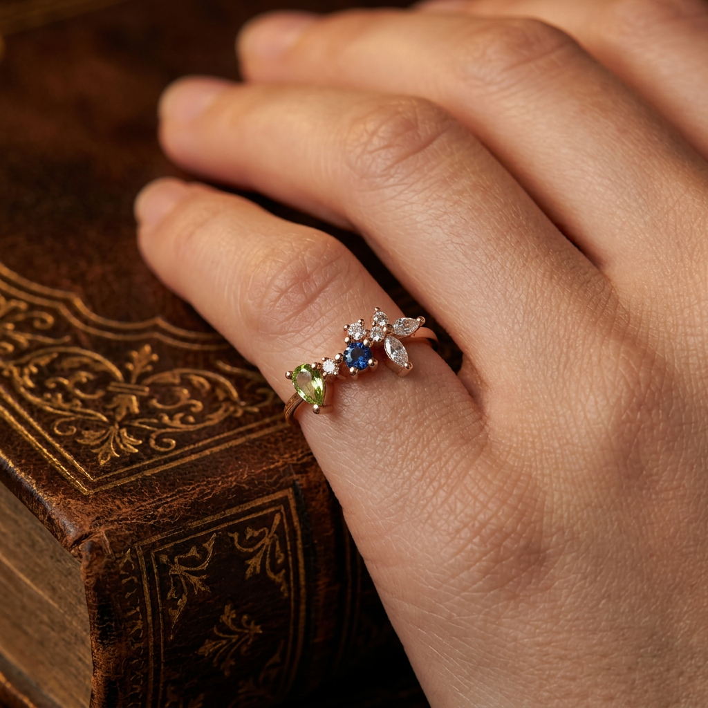 An elegant rose gold ring with a cluster of ocean blue gemstones presented as a personalized designer luxury gift.