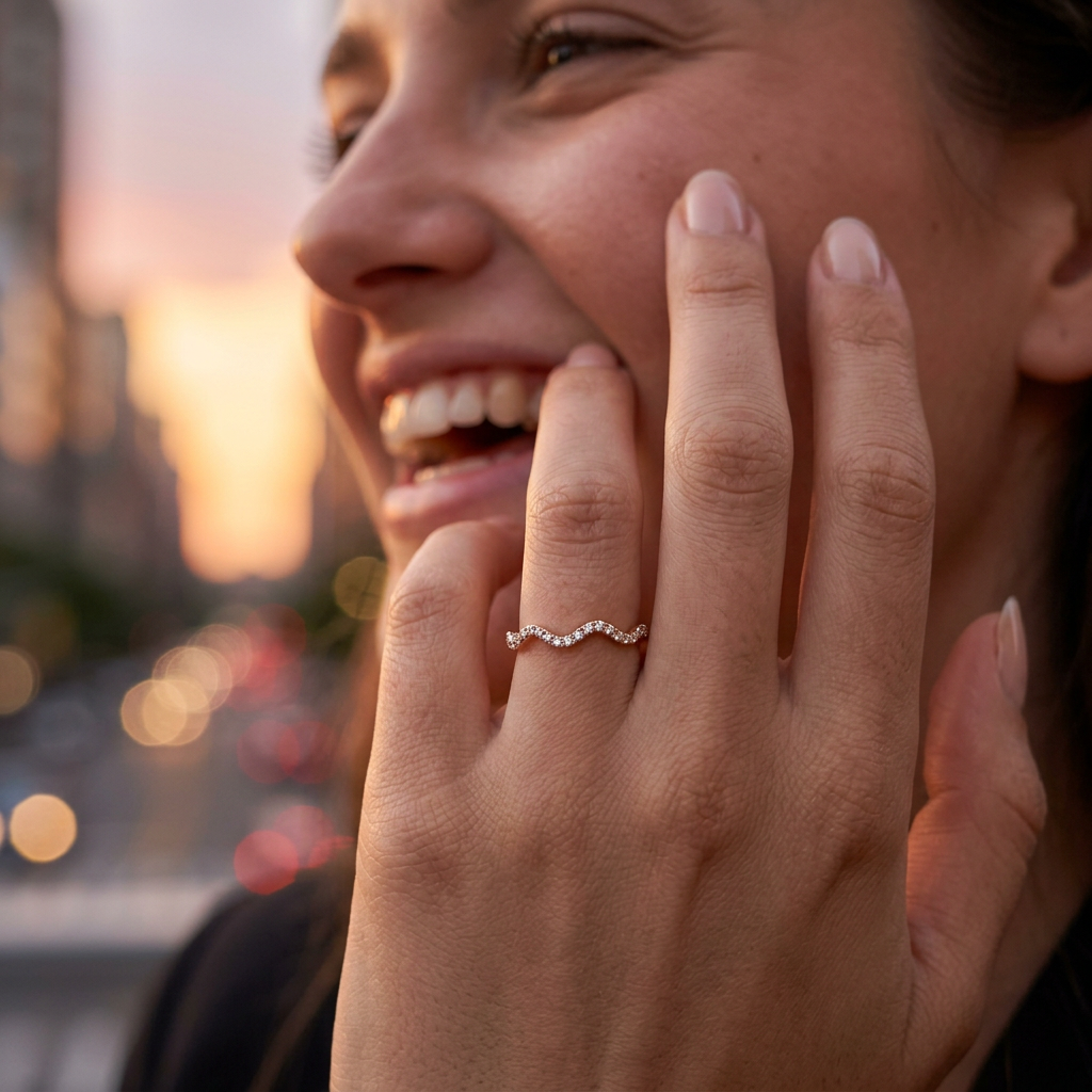Organic contoured rose gold wave ring placed on a textured stone block beside raw pink quartz crystals.