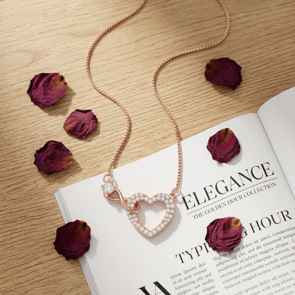Extreme macro shot highlighting a solitary stone and precise pavé accents on a rose gold infinity heart pendant.
