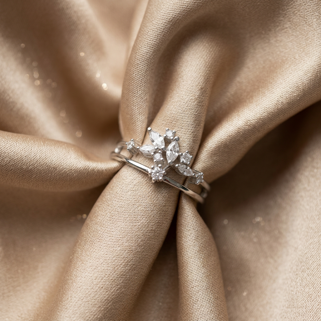 Macro photo focusing on the organic cluster of marquise and round brilliant stones on a silver celestial crown ring.