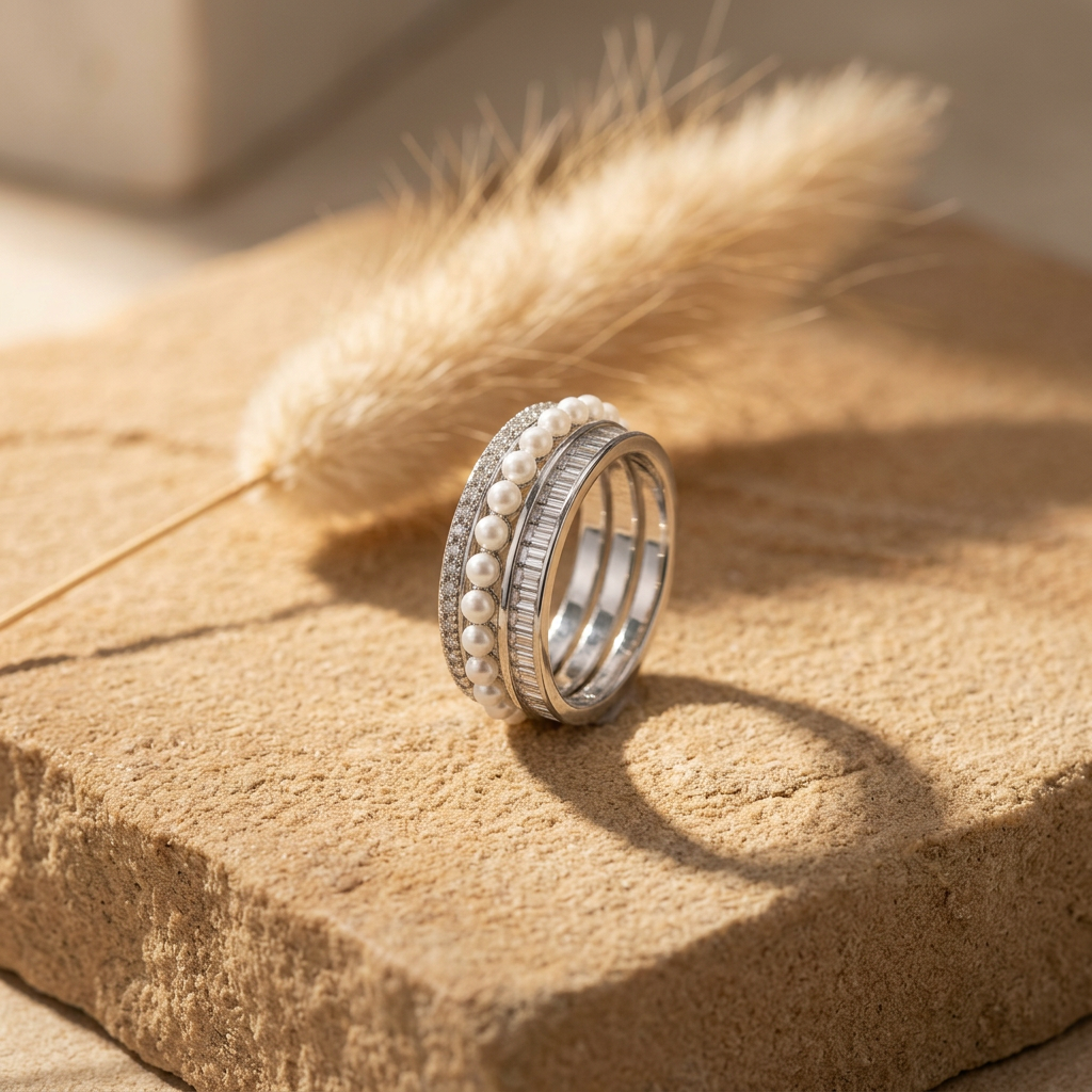 Macro shot of a sterling silver layered ring showcasing triple layer bands, micro settings, and mini iridescent seed pearls.