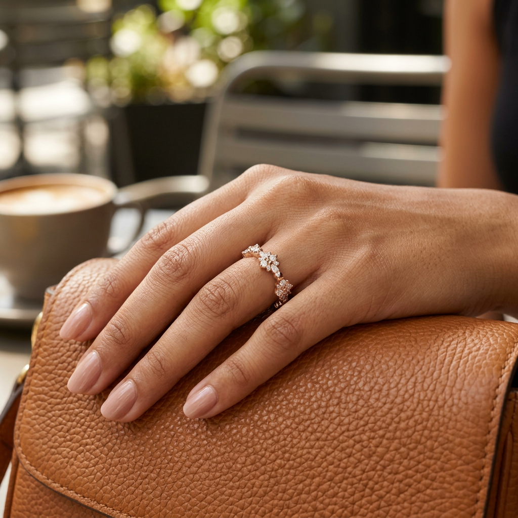 Macro photography highlighting the precise prongs of a rose gold rhythmic cluster ring with brilliant stones.