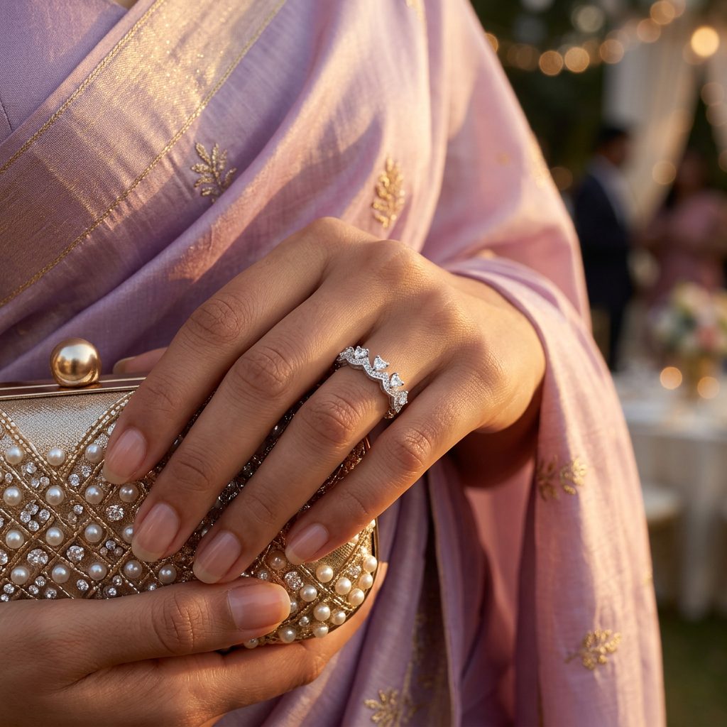 Macro photo focusing on the precise pear cut stones nestled within the sculptural frame of a silver chevron ring.