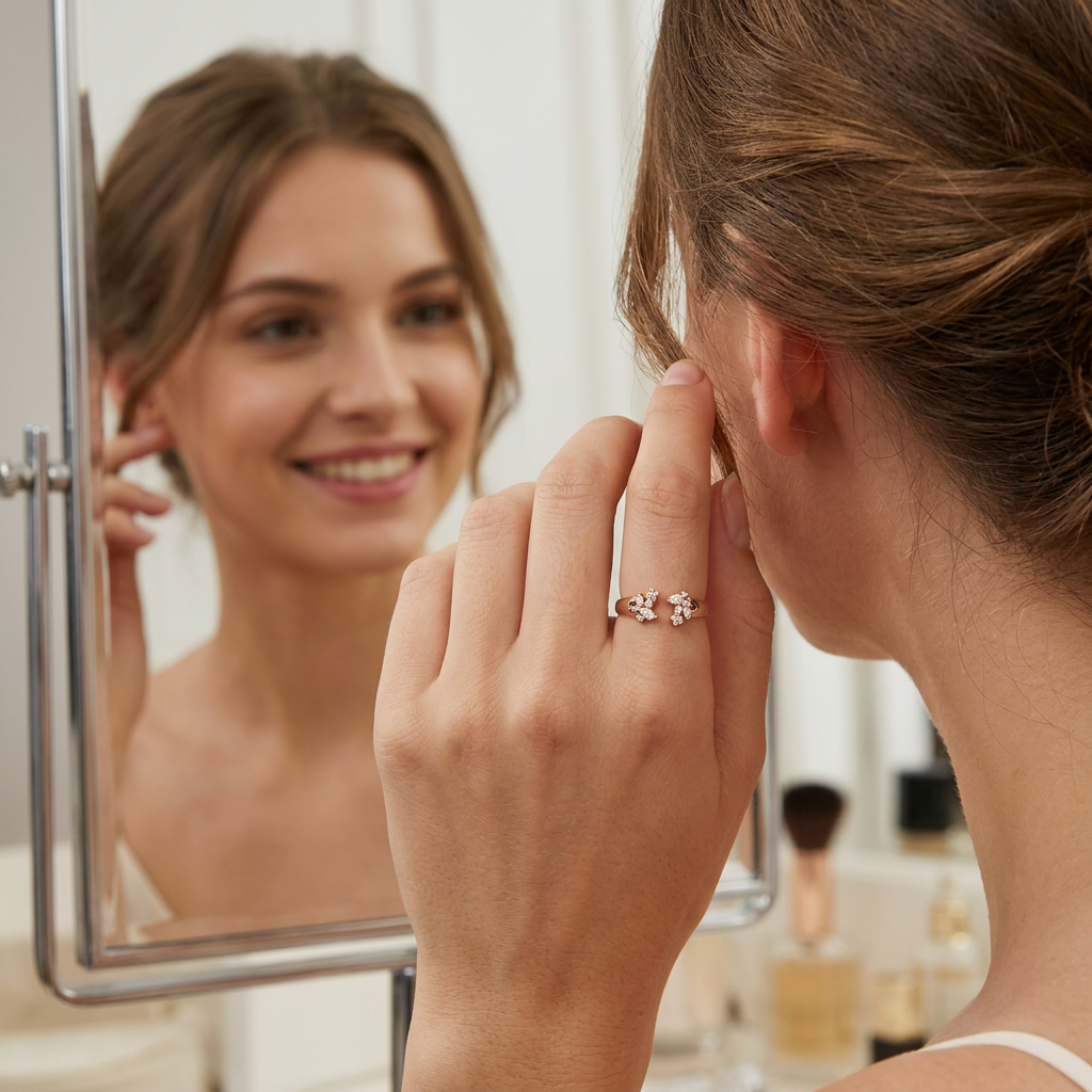 A woman wearing the delicate diamond bypass ring on her finger, demonstrating how the open ring style layers with other fine jewelry.