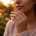 Close-up of a model wearing a high-polish rose gold floral ring, showcasing its modern architectural shape.