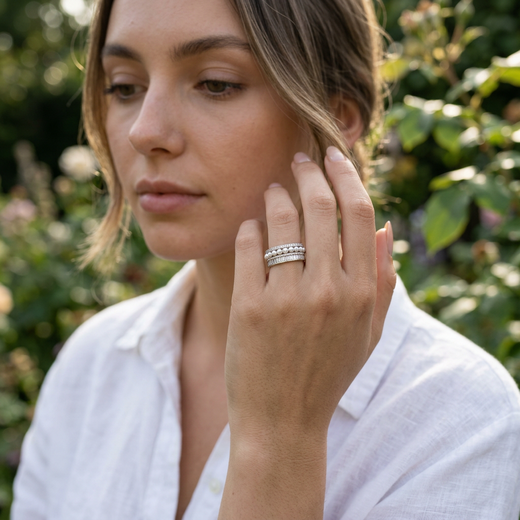 Close-up of a model wearing a triple layer sterling silver layered ring accented with white pearls and baguette cuts.