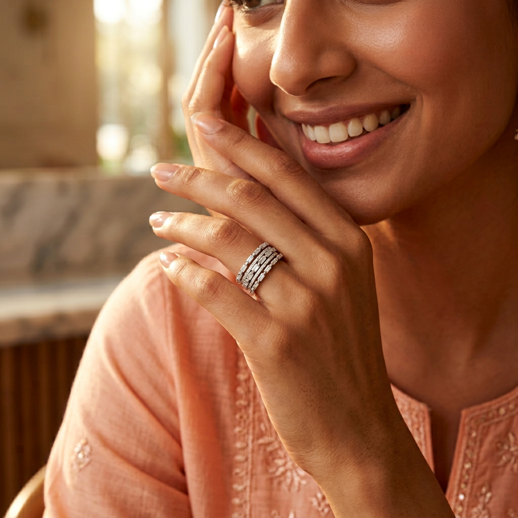 Close-up of a model wearing a white gold tiered ring, showcasing its architectural multi-layer silhouette.