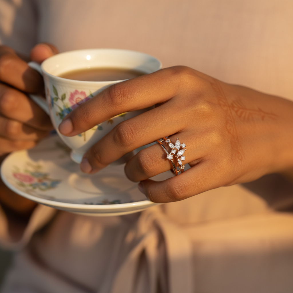 High fashion view of a model wearing an architectural diamond band in polished gold for an editorial look.