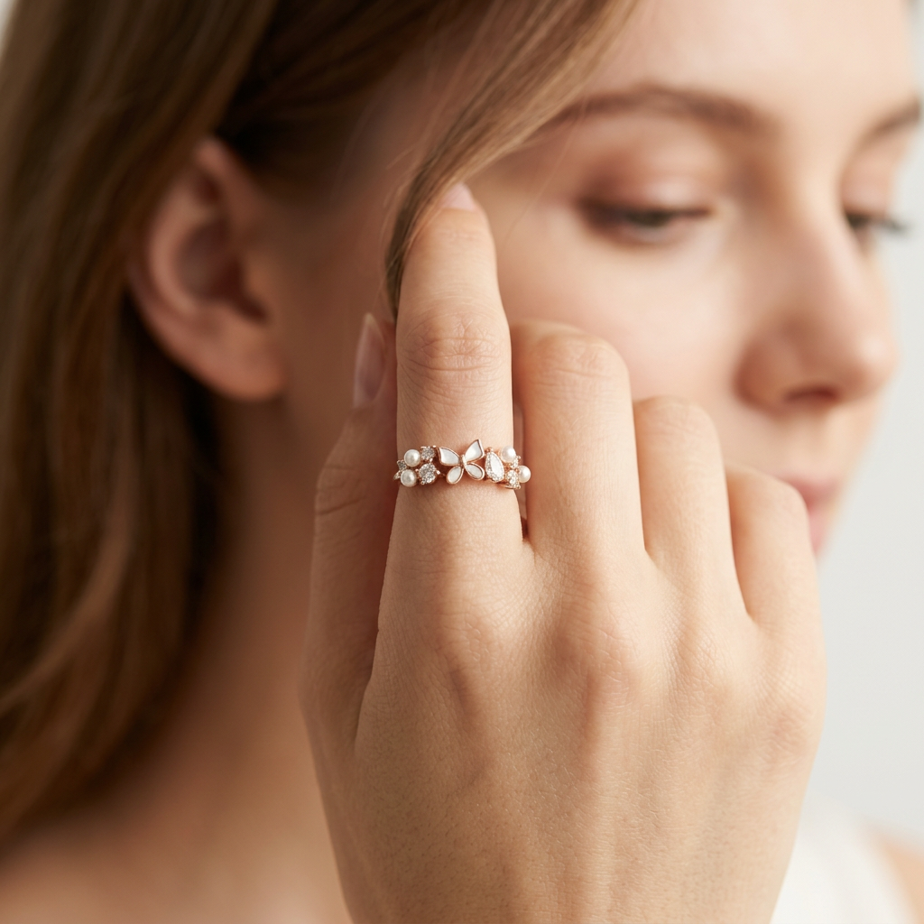 Side view of the rose gold butterfly pearl ring highlighting the high-polish split shank and fluid, botanical-inspired curves.