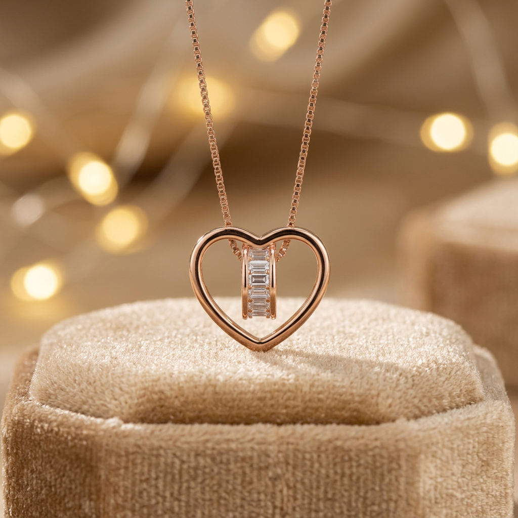A beautiful lab-grown diamond heart ring pendant suspended from a delicate rose gold chain necklace.