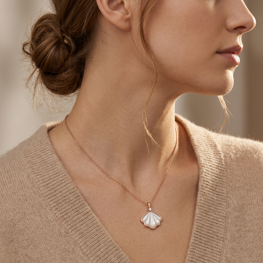 Effortless coastal shell necklace for women crafted in rose gold with a lustrous mother of pearl charm.