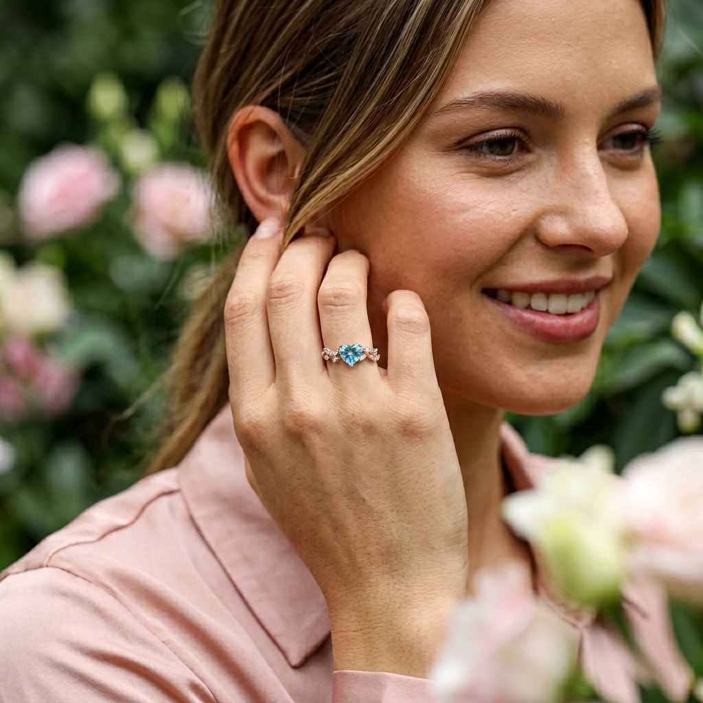 Polished rose gold heart ring for women featuring a stunning asymmetric cerulean stone and lab grown diamonds.