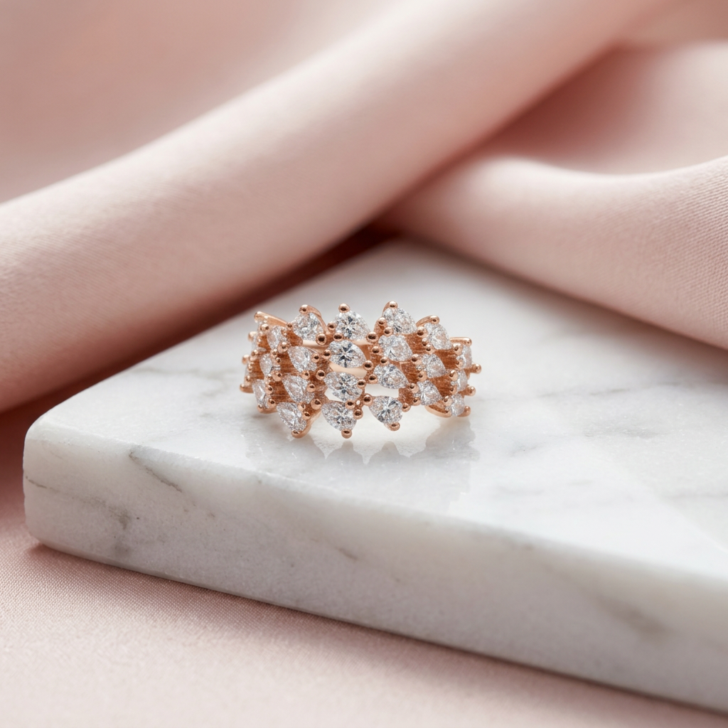 A rose gold petal ring featuring a detailed spray of brilliant pear cut stones mimicking scattered flora.