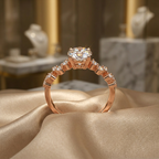 Front view of a rose gold solitaire ring featuring a round center stone framed by a graduated constellation path.