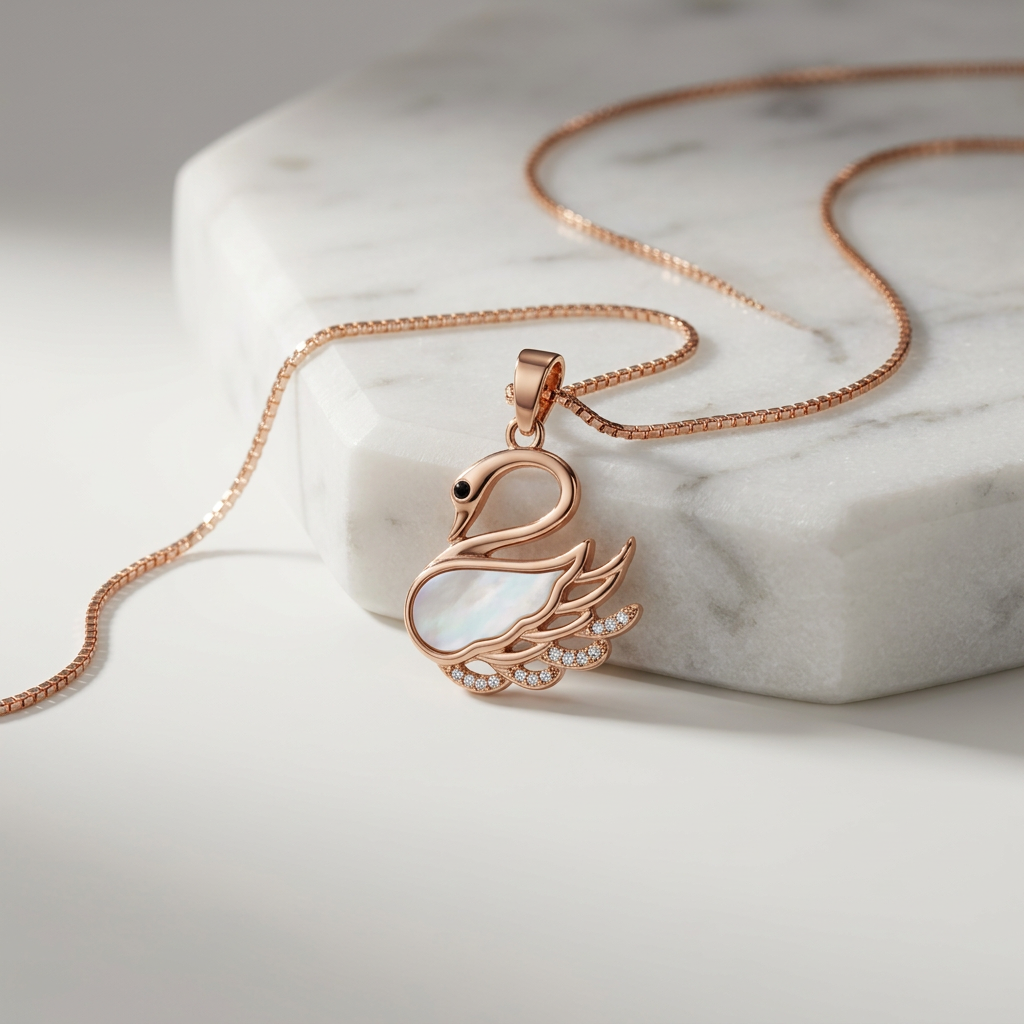 Rose gold necklace for women featuring a sculptural swan pendant inlaid with mother of pearl and pave crystals.