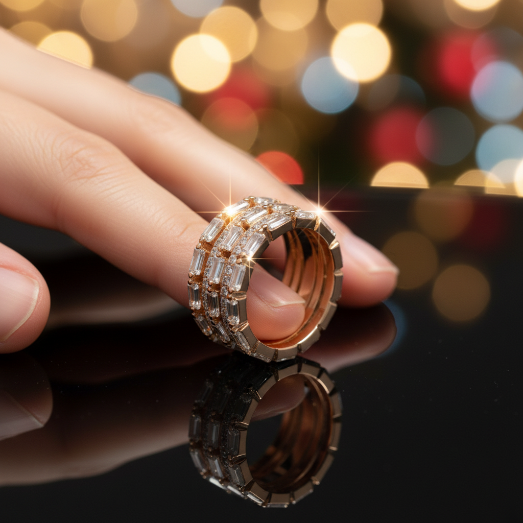 A lifestyle close-up showing the stunning elegance of a multi-row statement ring, beautifully catching the light with its brilliant step cut and pavé-set lab grown diamonds.